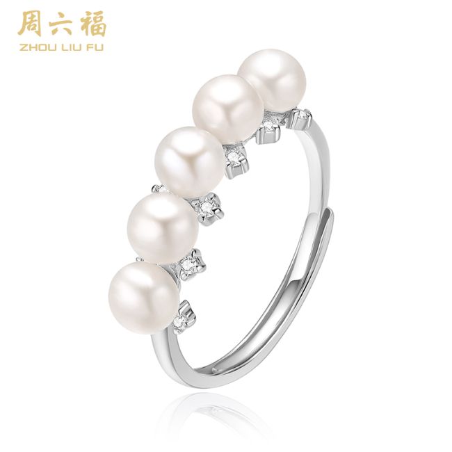 周六福S925银冰透珍珠戒指