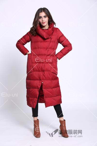 依路佑妮女装2016冬季新品 红色长款羽绒服