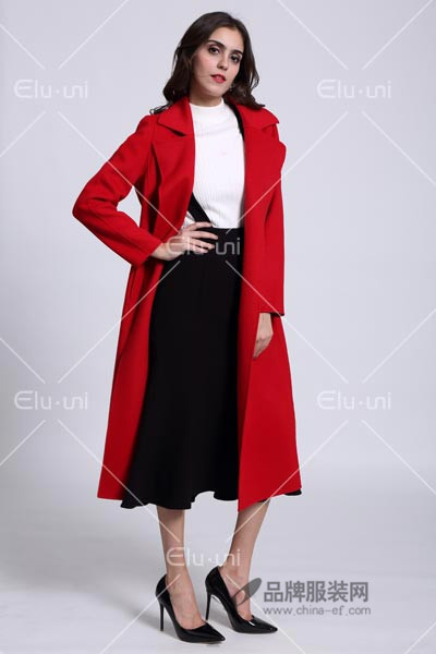 依路佑妮女装2016冬季新品 红色长款大衣
