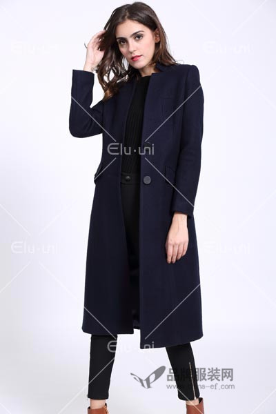 依路佑妮女装2016冬季新品 黑色长款大衣