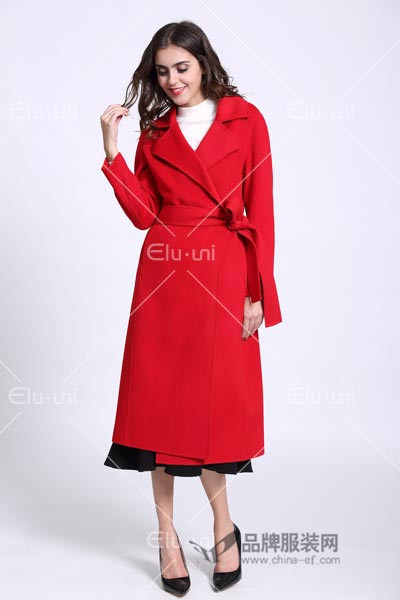 依路佑妮女装2016冬季新品 长款红色大衣