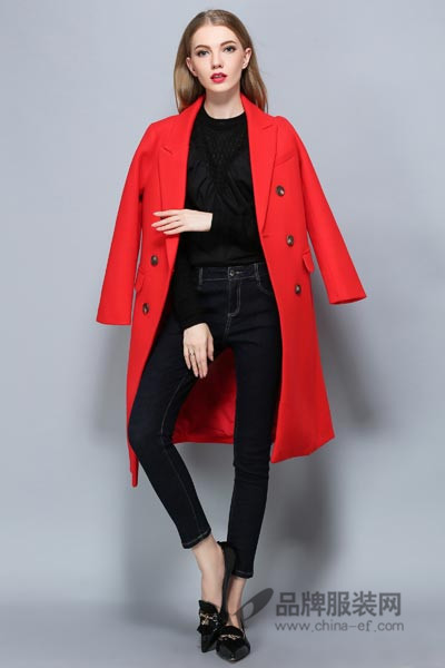 CXDTOP茜诗迪女装2016秋冬新品双排扣大红色呢子外套
