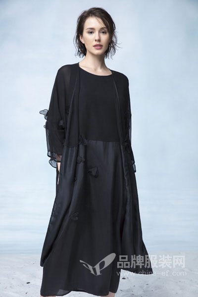 瓒妮佛女装2017春夏黑色七分袖两件套拼接长裙