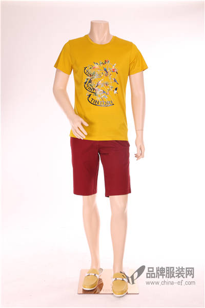 男士新款 黄色印花 T恤添多利男装2017夏季休闲丝光棉