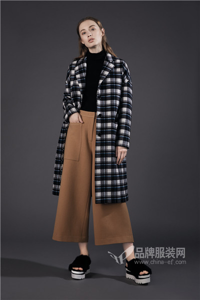 拉东拉女装2017冬季韩版中长款格子毛呢外套
