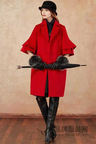 艾丽莎女装2017秋冬大红色七分荷叶边袖中长款外套