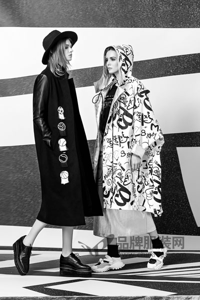 杭州欧E 黑白女装品牌女装2017秋冬个性撞色中长风衣外套