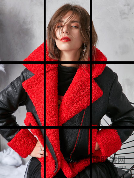 卡布依女装2017冬季口绵羊皮皮毛一体短款红色机车皮衣外套女款上衣