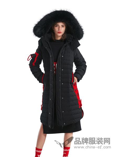 卡布依女装2017冬季欧式中长款毛领连帽修身羽绒服外套