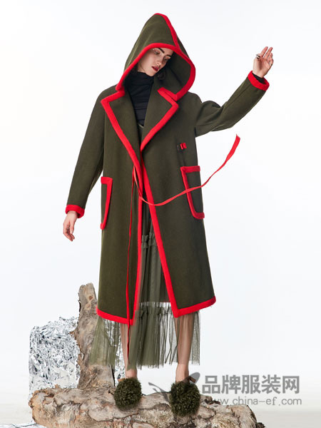 卡布依女装2017冬季欧式撞色连帽中长双面呢大衣女外套