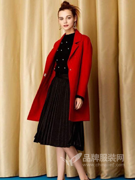 千姿惠Qanzhui女装2017秋冬纯色两粒扣羊毛大衣女中长款外套