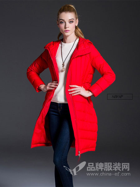 德菲蒂奥女装2017秋冬轻薄款修身显气质红色羽绒服中长款女连帽