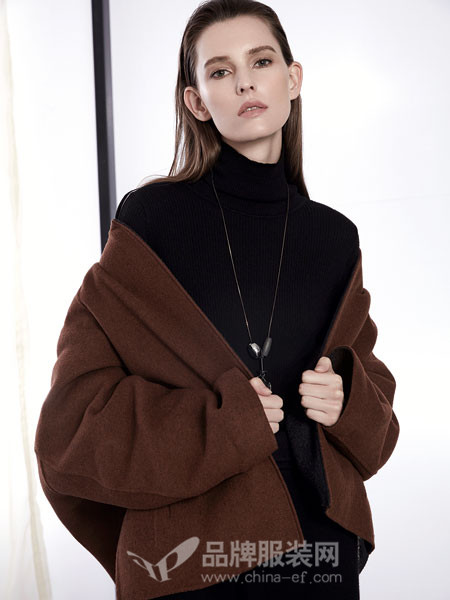 米茜尔女装2017冬季毛呢外套双面呢茧型焦糖色双面羊绒大衣