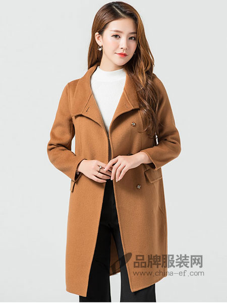 玛妮奴女装2017冬季双面绒羊毛呢子大衣女式韩版宽松双排扣立领中长款