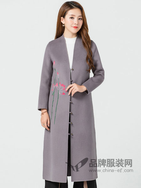玛妮奴女装2017冬季中长款中国风印花旗袍扣修身显瘦双面羊毛呢子大衣
