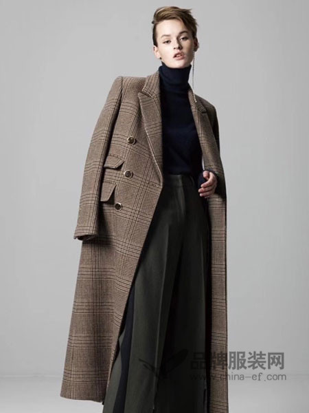 格纶雅女装2017冬季经典格纹双排扣长款羊毛呢大衣