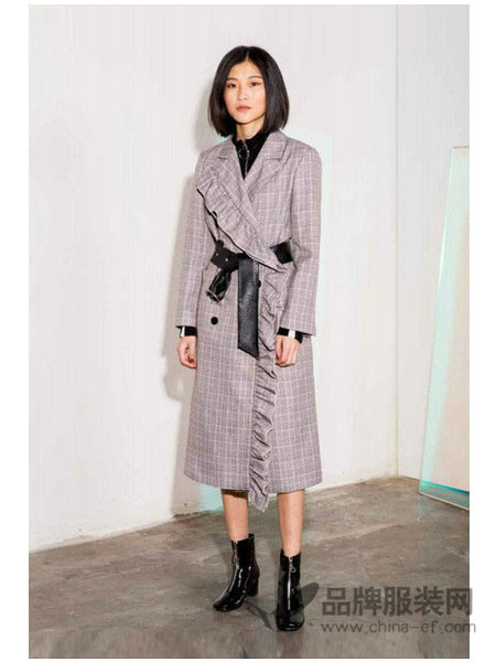 MDC女装2017秋冬韩版复古双排扣格子西装中长款外套