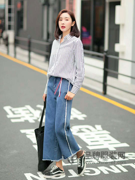 左韩女装2018春色竖条纹长袖衬衣