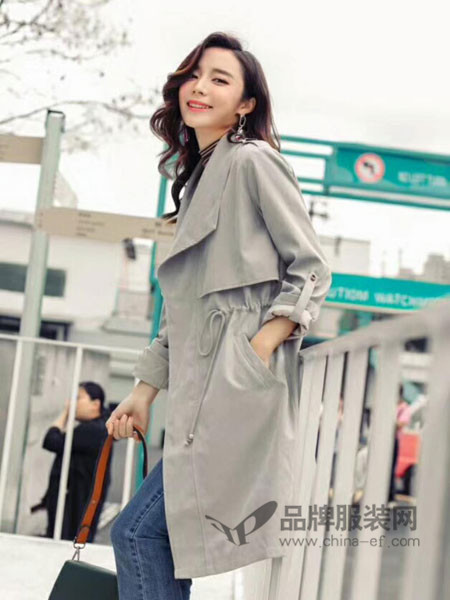 左韩女装2018春长款欧美时尚风衣大衣水洗棉外套