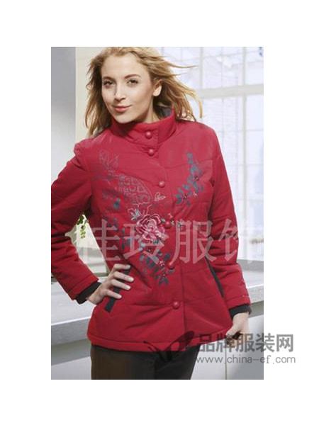桂玲女装中式印花保暖红色立领棉衣外套