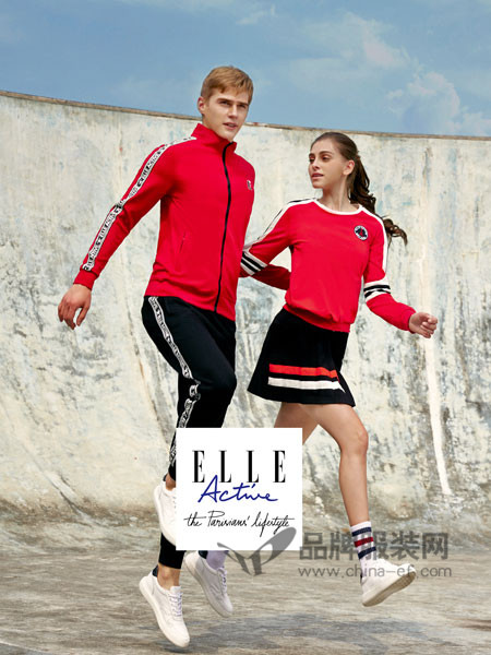 ELLE Active运动装2018春时尚休闲红色男女运动套装