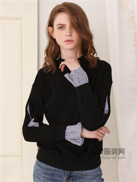 她图女装2018春韩版宽松半高领衬衫袖拼接打底衫