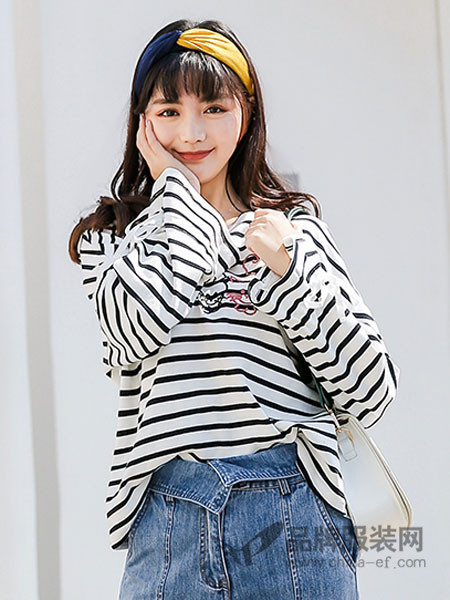 爱丽缇女装2018春季韩版刺绣条纹长袖T恤宽松上衣学生秋衣