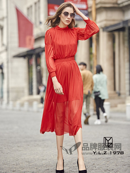 YLZ1978女装2018春欧式优雅气质红色透视连衣裙