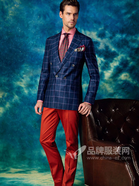 博布莱斯男装2018春韩版时尚男士双排扣格子修身复古西装三件套