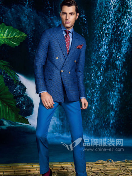 博布莱斯男装2018春领双排三粒扣蓝色多色可选时休闲男士西装套装
