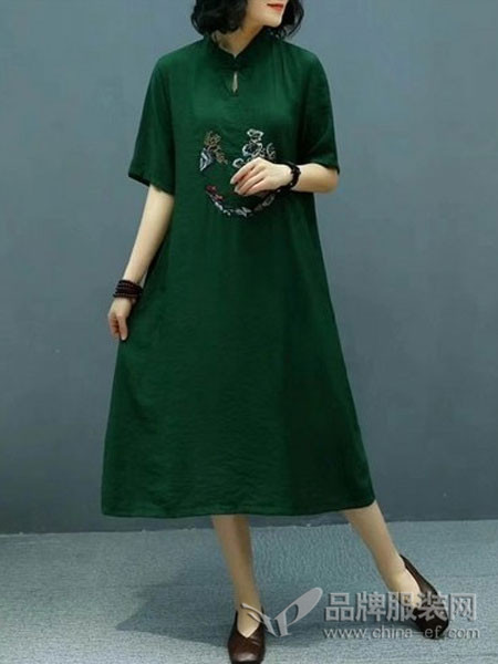 萨阁拉斯SAGELAS女装2018春夏服装墨绿色宽松连衣裙