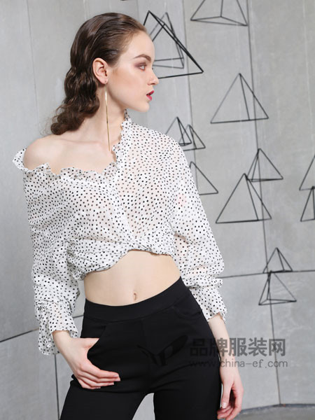 欧玥女装2018夏季时尚优雅气质短装波点雪纺V领衬衣