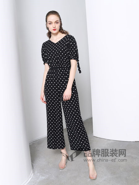 欧玥女装2018夏季时尚优雅气质波点V领连衣裙