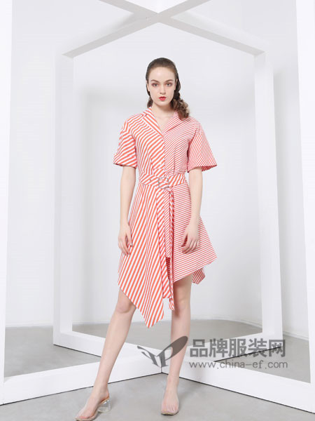 欧玥女装2018夏季收腰显瘦短袖条纹不规则边连衣裙