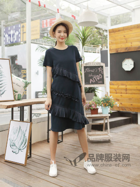 伽戈女装2018夏季时尚优雅荷叶边短袖连衣裙