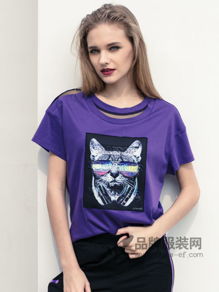 衣讯女装2018夏季时尚镂空领印花T恤