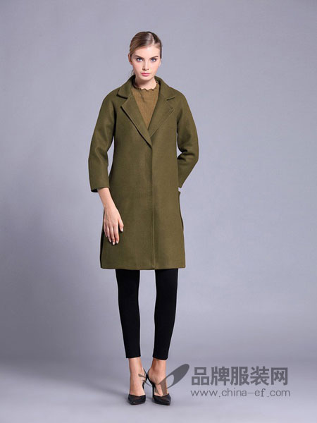 亚创国际女装时尚H型率性长款军绿色羊毛呢大衣
