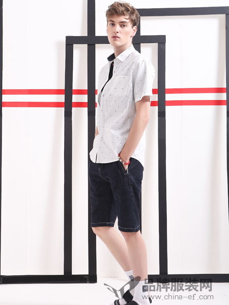 Saslax（莎斯莱思）男装2018春夏时尚休闲纯棉方领修身短袖衬衫