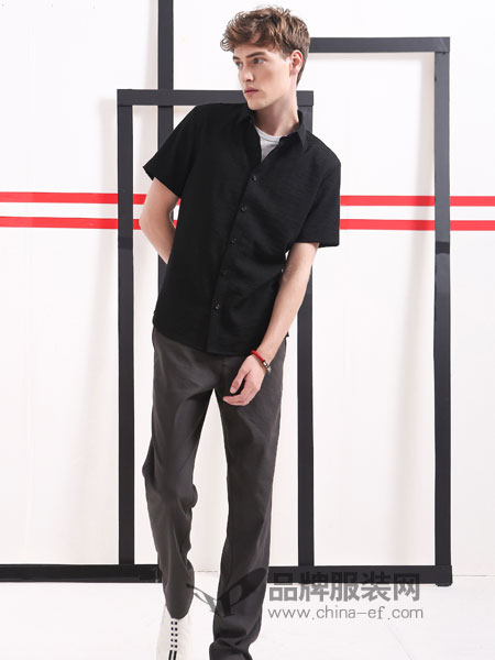 Saslax（莎斯莱思）男装2018春夏短袖立领衬衫男士衬衣男生韩版修身