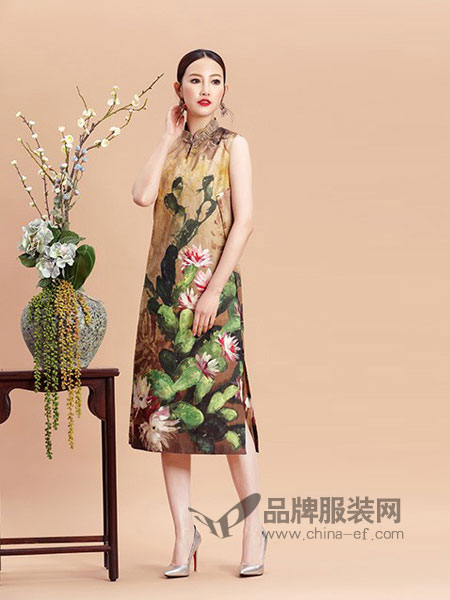 紫棉语女装2018春夏中国风复古水墨印花显瘦连衣裙