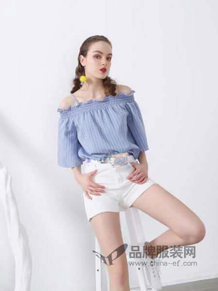 欧玥女装2018春夏可爱小清新条纹露肩温柔风宽松百搭