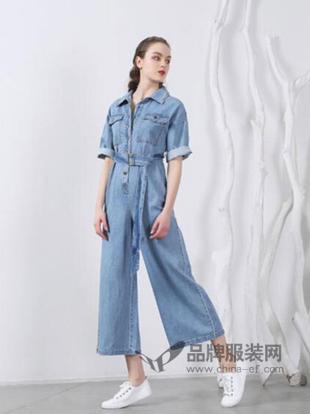 欧玥女装2018春夏翻领分袖时尚百搭腰带阔腿牛仔连体裤