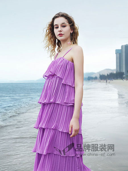 欧玥女装2018春夏唯美叠层荷叶边压褶大摆连衣裙