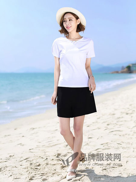 纤麦女装2018春夏白色韩版上衣钉珠短袖t恤衫