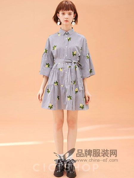 cici-shop女裝2018春夏新款甜美休閑繡花高腰七分袖雪紡中長(zhǎng)裙