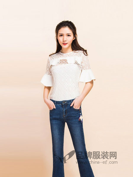 戈洛瑞丝女装2018春夏 韩版刺绣拼接白色雪纺小衫