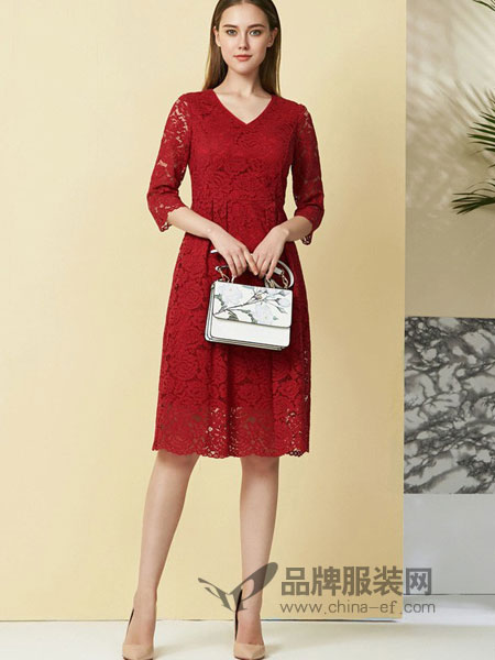 欧柏兰奴女装2018春夏五分袖半袖中长款红色蕾丝连衣裙