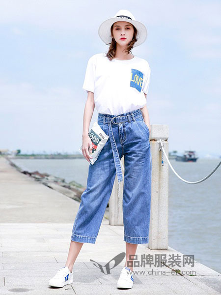 银轩女装2018春夏新款韩版系带宽松显瘦高腰七分牛仔裤