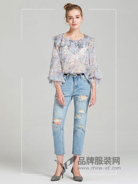 特芙娜女装2018春夏直筒破洞休闲牛仔裤