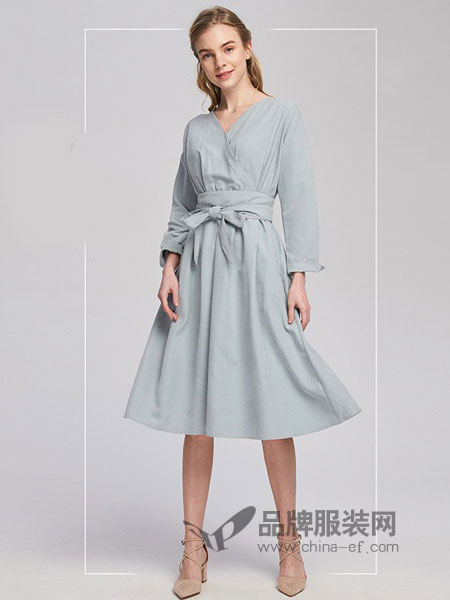 特芙娜女装2018春夏新款时尚优雅的腰带连衣裙中长裙